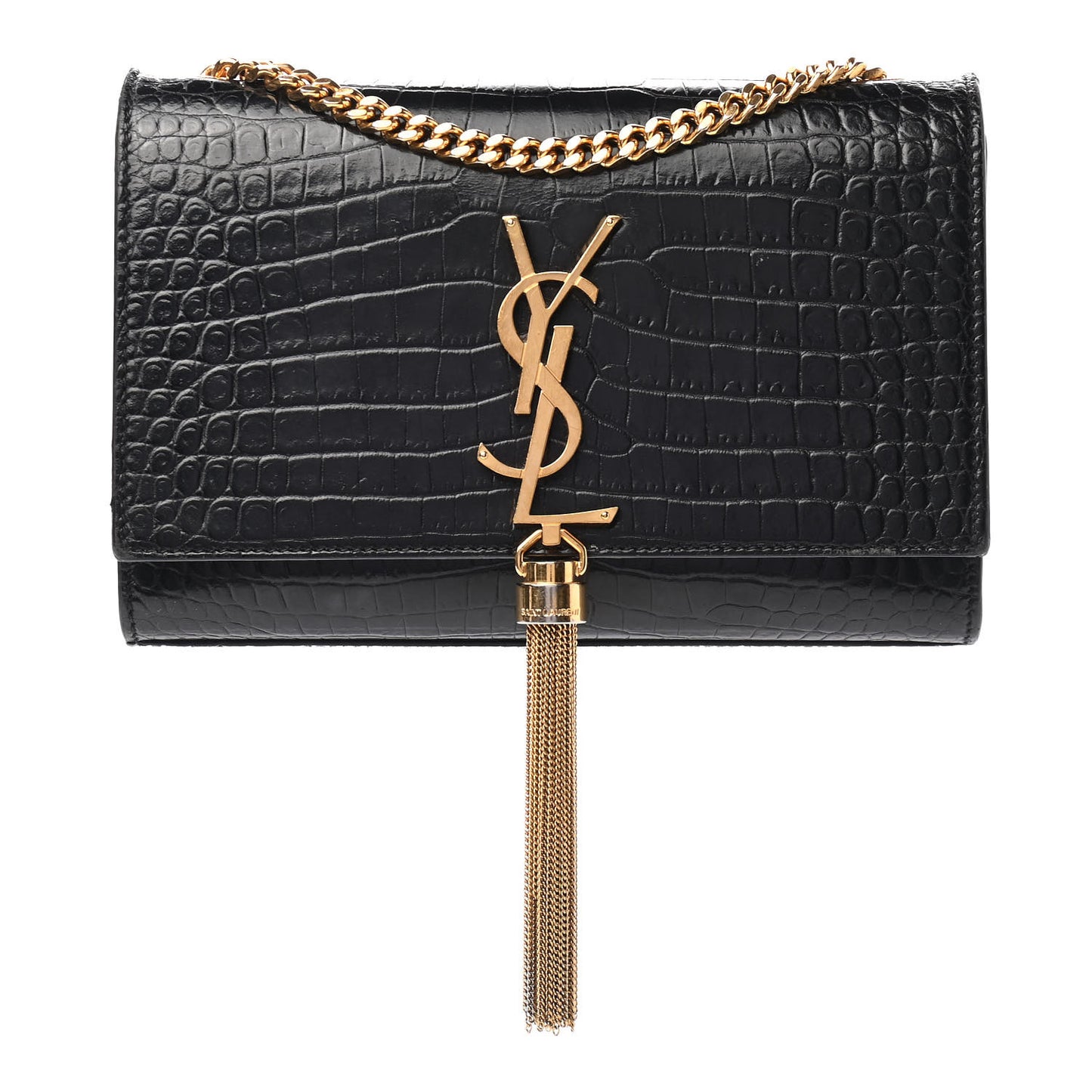 Calfskin Crocodile Embossed Small Classic Monogram Kate Tassel Satchel Black