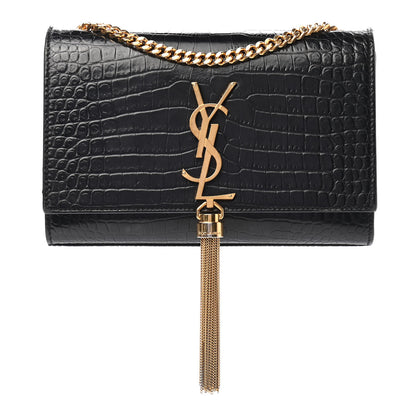 Saint Laurent Calfskin Crocodile Embossed Small Classic Monogram Kate Tassel Satchel Black 1 of 10