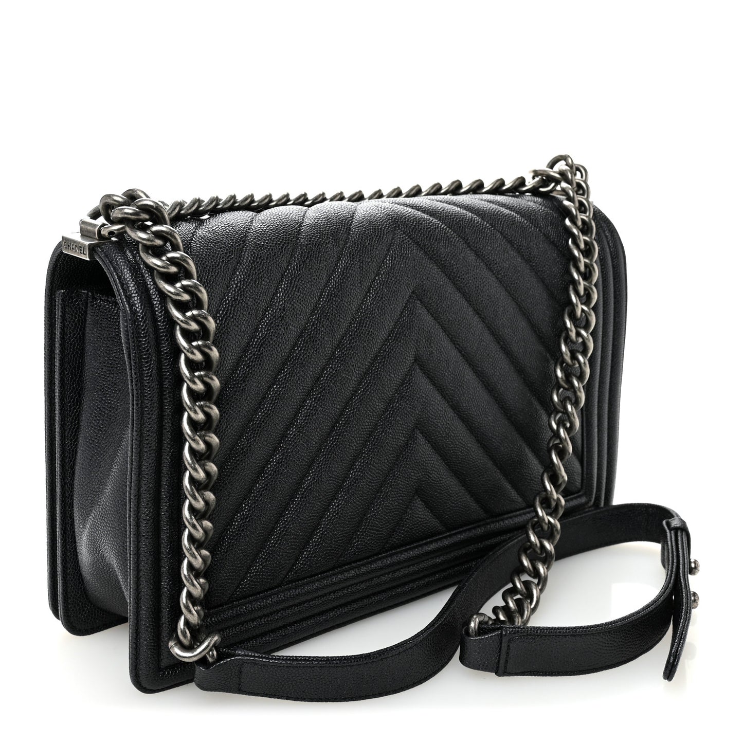 Caviar Chevron Quilted New Medium Boy Flap Dark Navy Blue