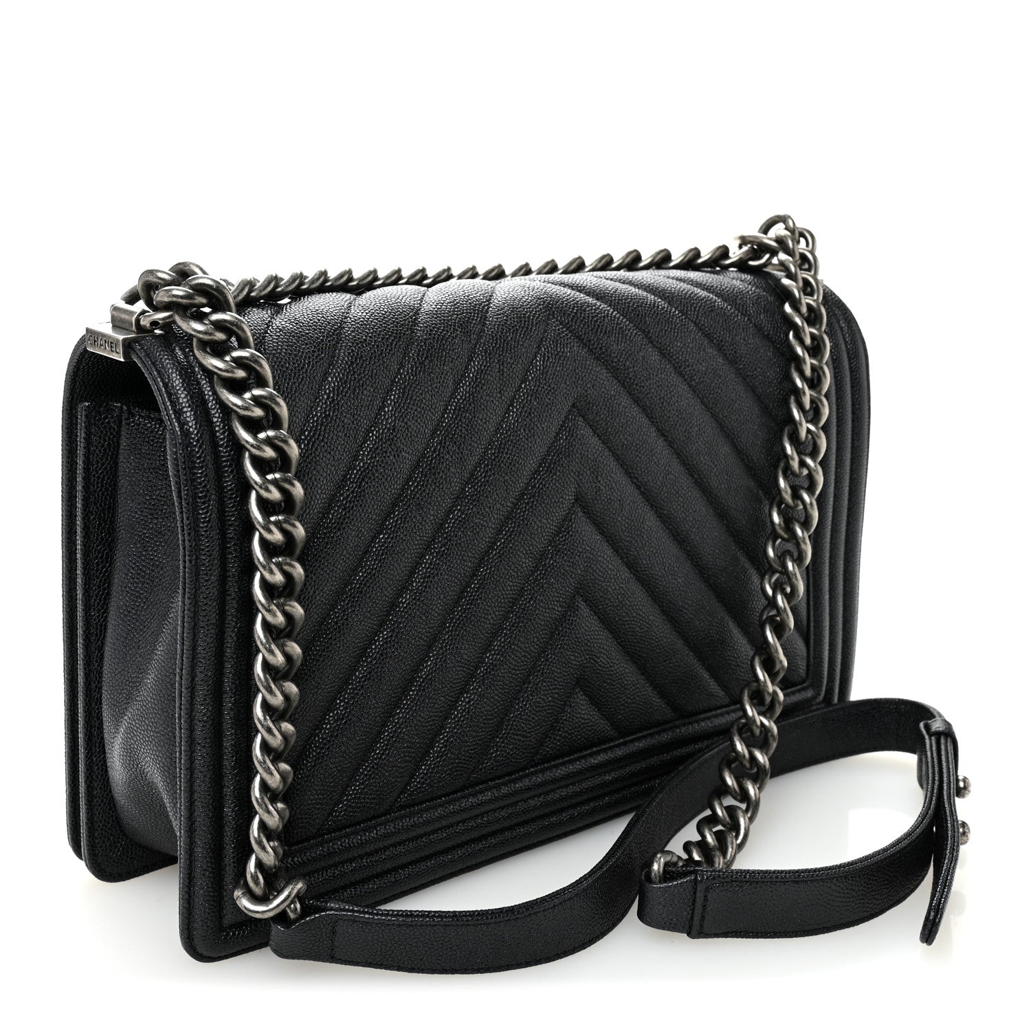 Chanel Caviar Chevron Quilted New Medium Boy Flap Dark Navy Blue 3 of 10