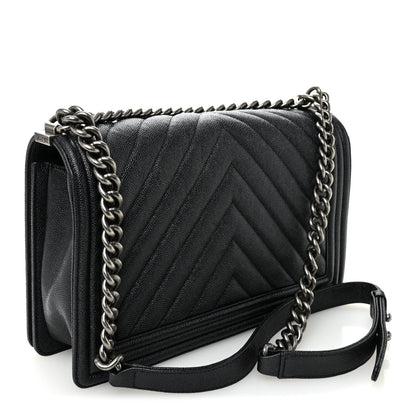 Chanel Caviar Chevron Quilted New Medium Boy Flap Dark Navy Blue 3 of 10