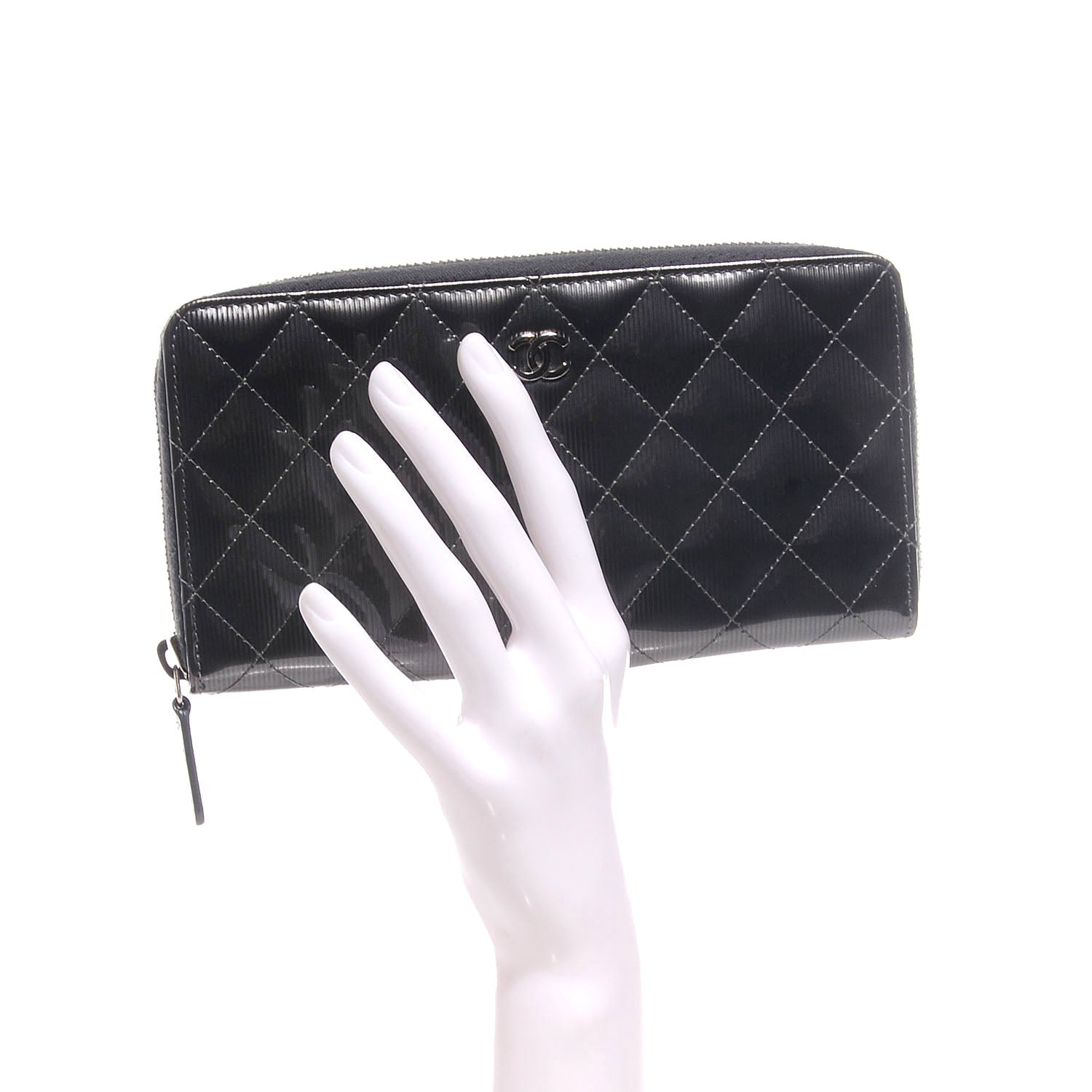 Chanel Striated Patent Zip Around Wallet Dark Grey 2 of 8