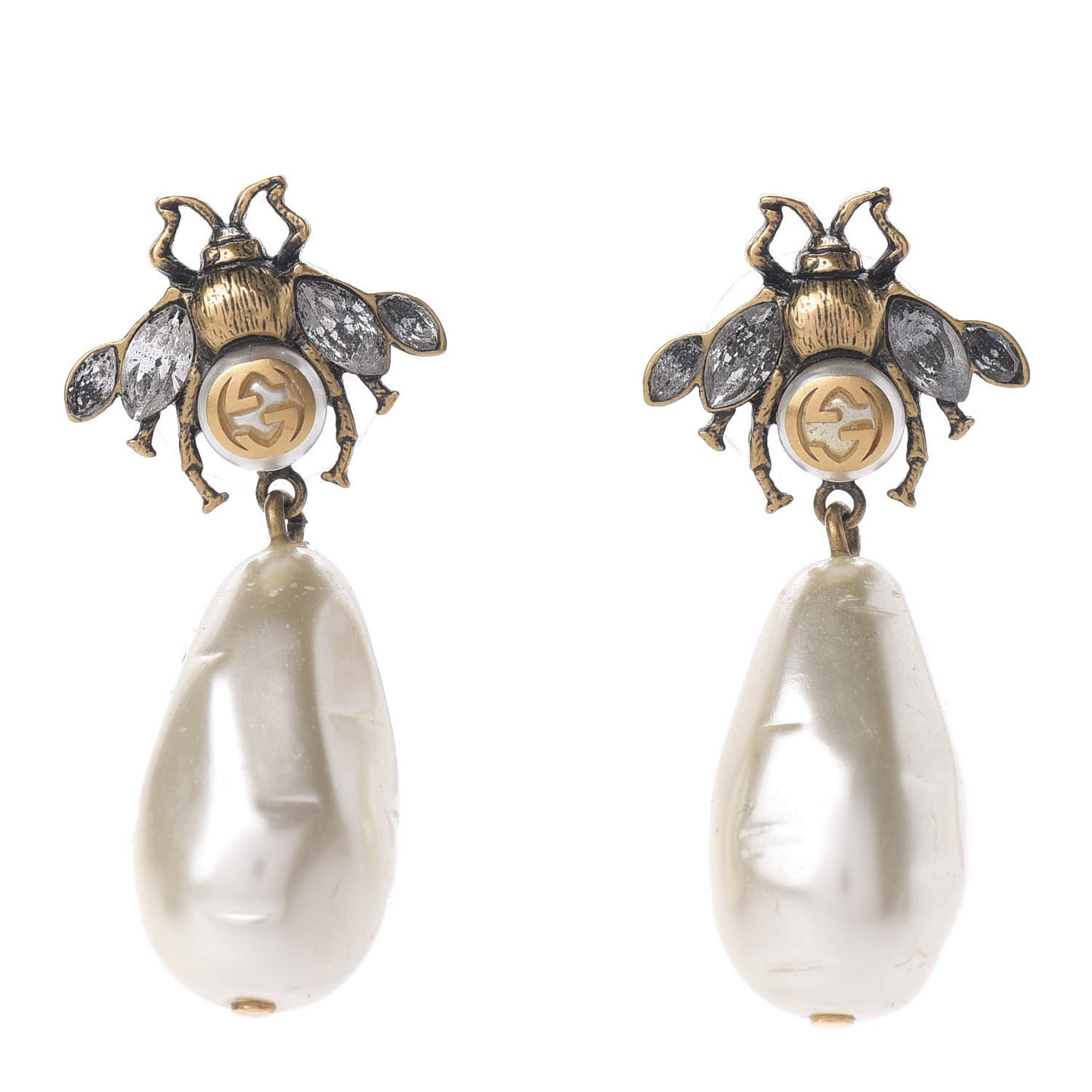 Crystal Pearl Drop Bee Earrings Gold