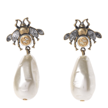 Gucci Crystal Pearl Drop Bee Earrings Gold 1 of 5