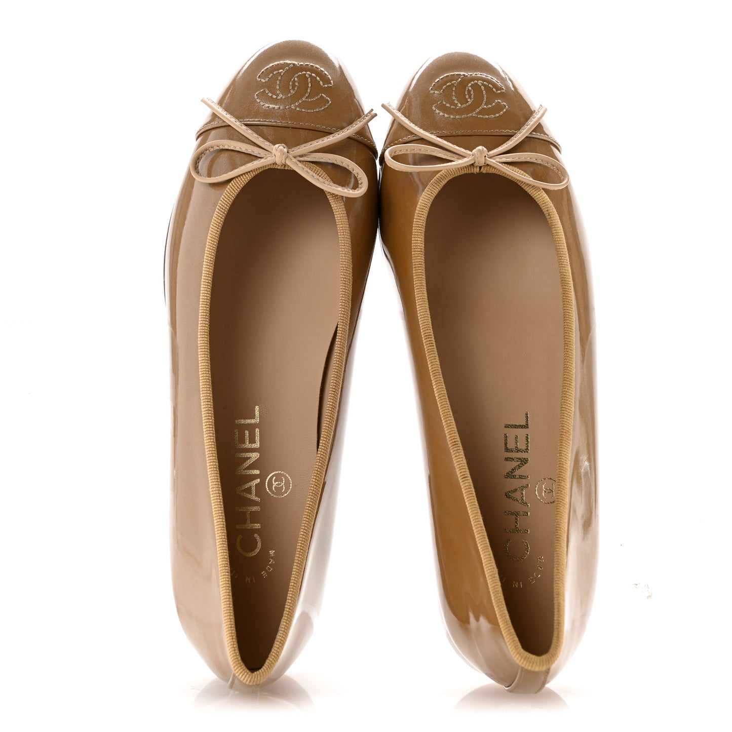 Patent Calfskin CC Cap Toe Ballerina Flats 36 Gold