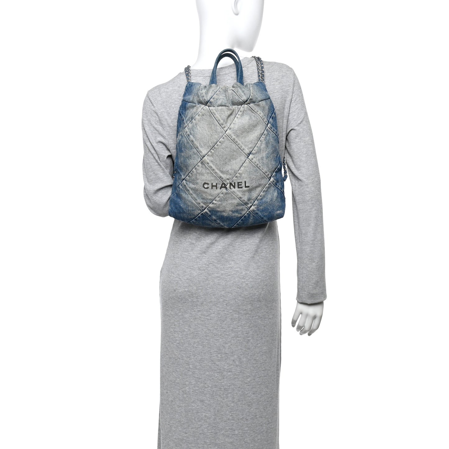 Denim Quilted Chanel 22 Backpack Blue