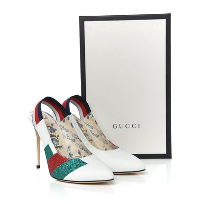 Gucci Calfskin Glitter Web High Heel Slingback Pumps 39 White 9 of 9