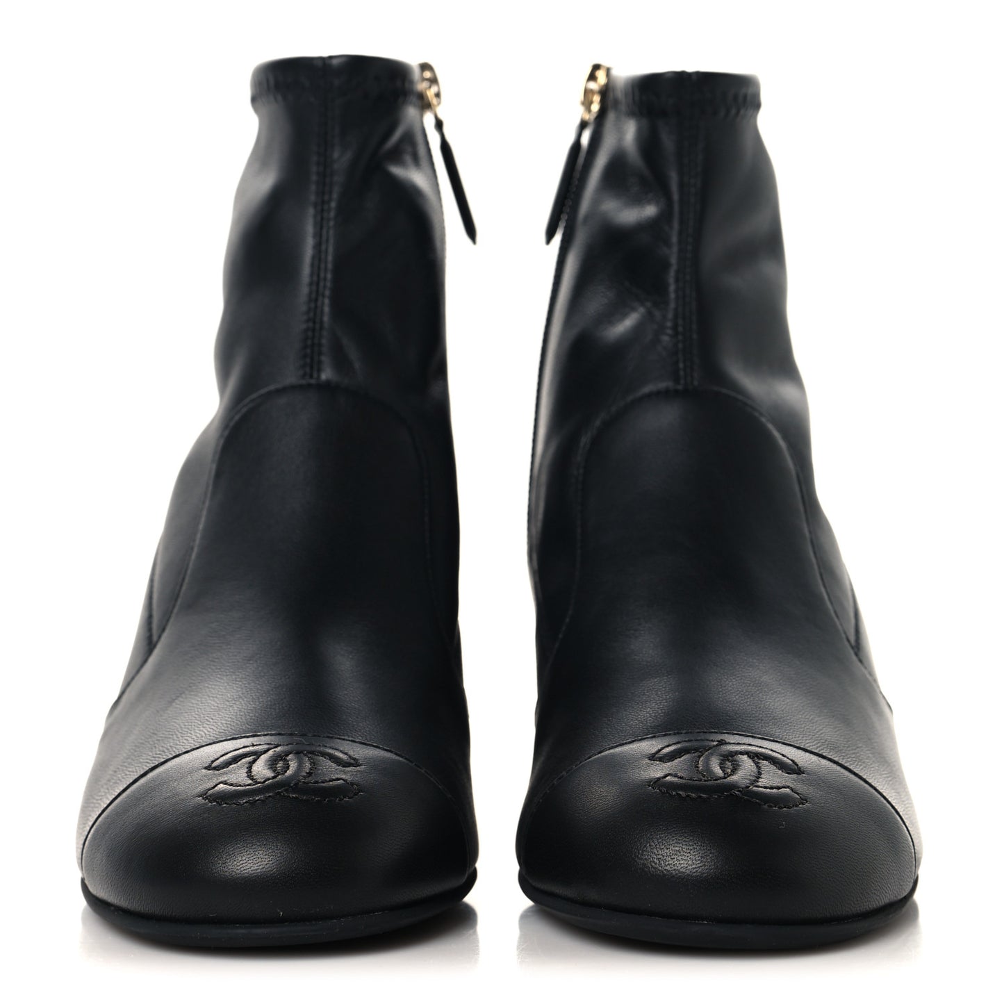 Stretch Lambskin Cap Toe CC Uniform Short Boots 36 Black