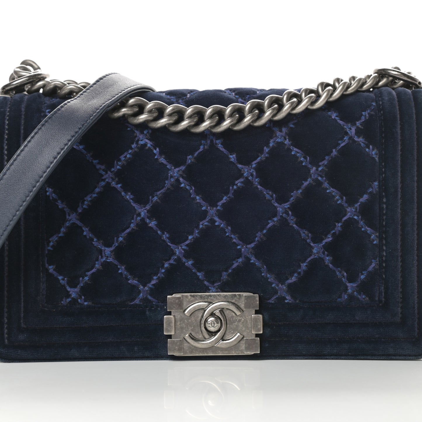Velvet Tweed Quilted Medium Boy Flap Dark Navy Blue