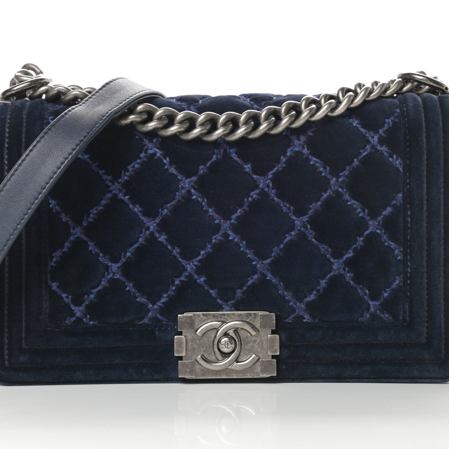 Chanel Velvet Tweed Quilted Medium Boy Flap Dark Navy Blue 8 of 15
