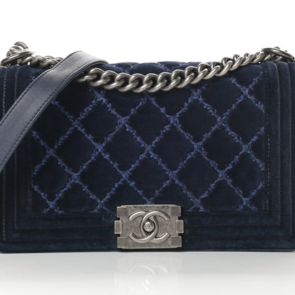 Chanel Velvet Tweed Quilted Medium Boy Flap Dark Navy Blue 8 of 15