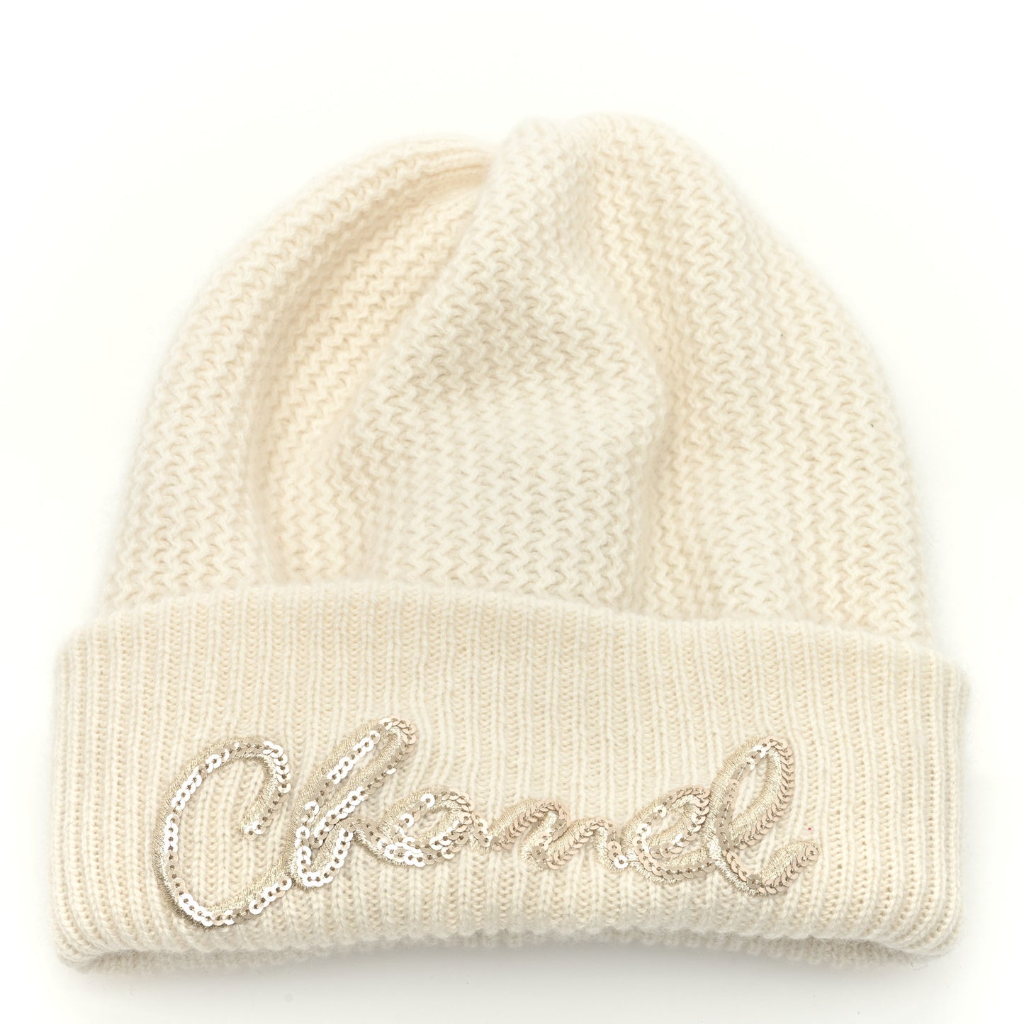 Cashmere Sequin Logo Beanie Hat Ivory Gold