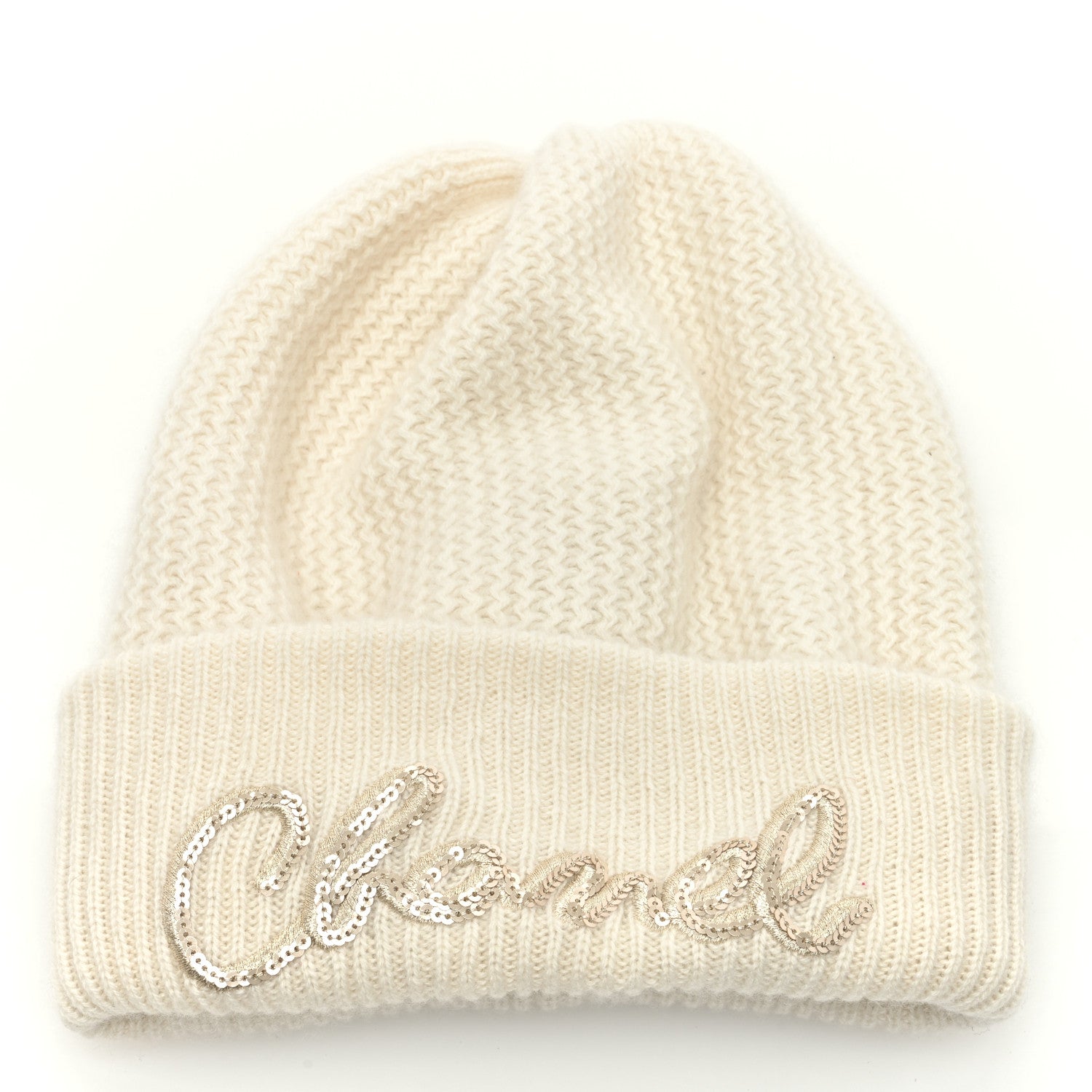 Chanel Cashmere Sequin Logo Beanie Hat Ivory Gold 1 of 5