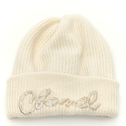 Chanel Cashmere Sequin Logo Beanie Hat Ivory Gold 1 of 5