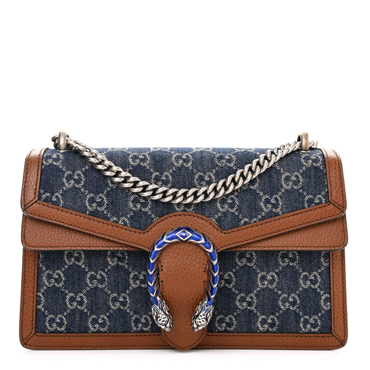 New Denim GG Monogram Dollar Calfskin Enamel Small Dionysus Shoulder Bag Blue Tea Cuir Epilog Electric Blue