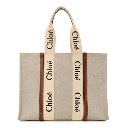 Chloe Cotton Calfskin Large Woody Ribbon Tote White Brown 1 of 12