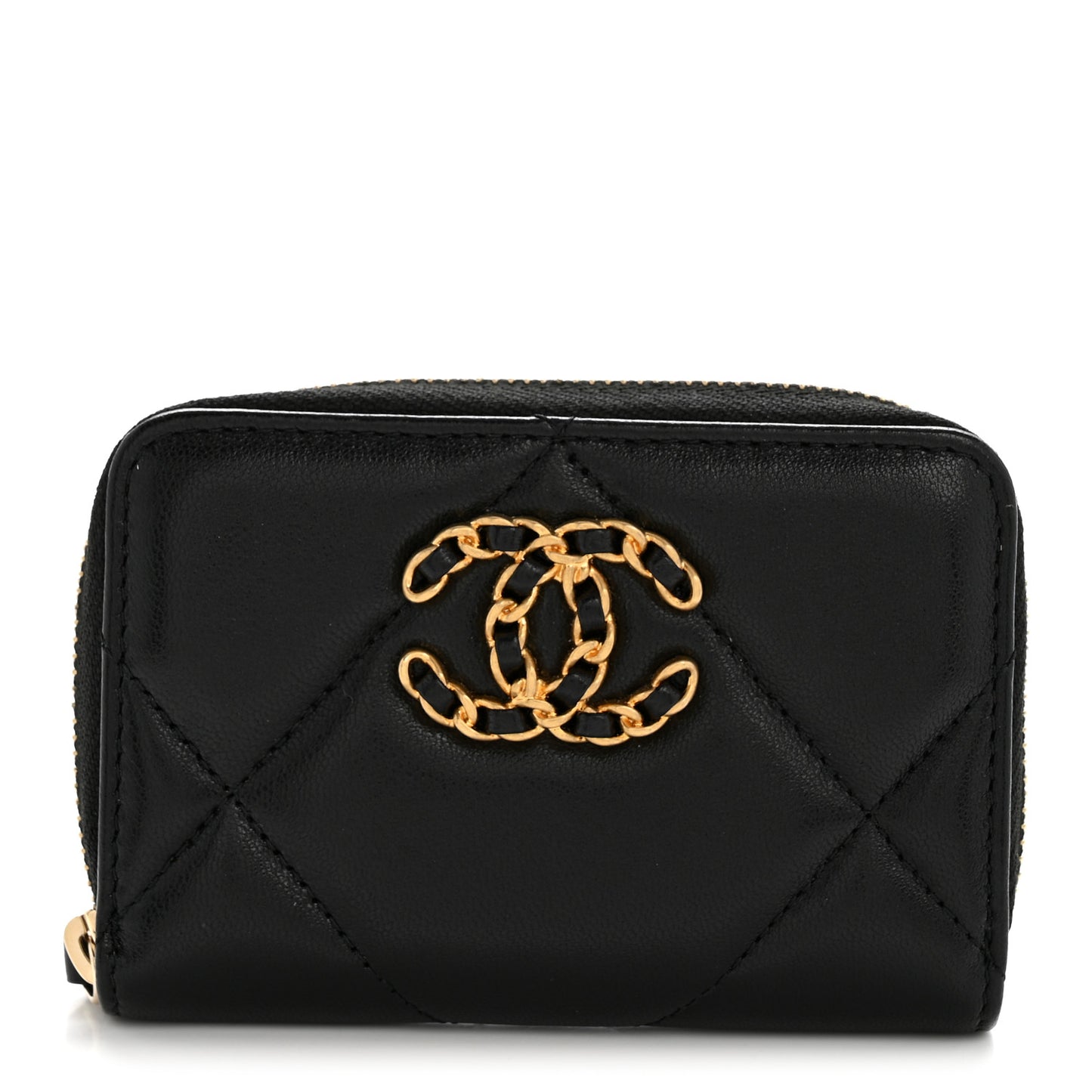 Lambskin Quilted Chanel 19 Zip Around Coin Purse Wallet Black