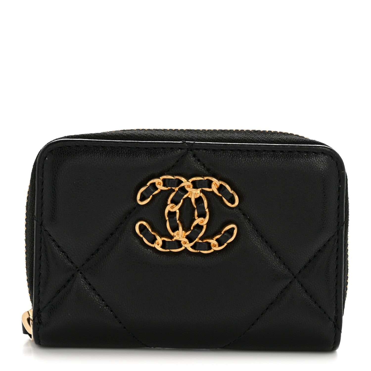 Chanel Lambskin Quilted Chanel 19 Zip Around Coin Purse Wallet Black 1 of 8