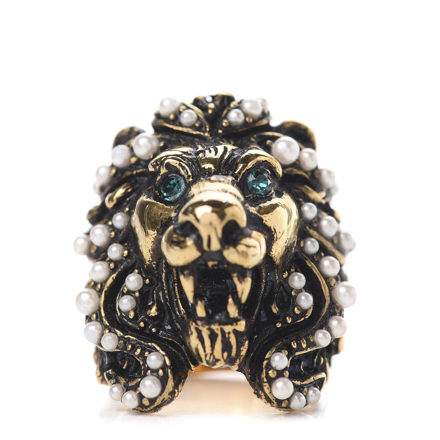 Gucci Metal Pearl Crystal Lion Head Ring 5.5 Aged Gold 1 of 5