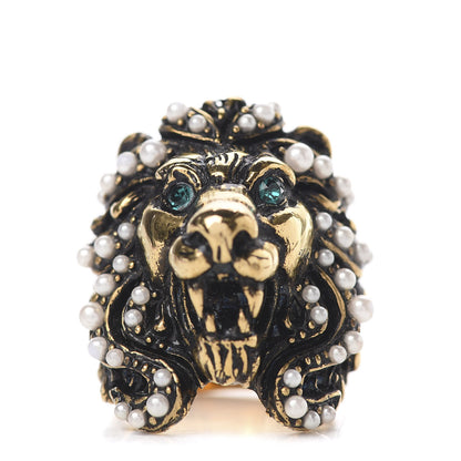Gucci Metal Pearl Crystal Lion Head Ring 5.5 Aged Gold 1 of 5