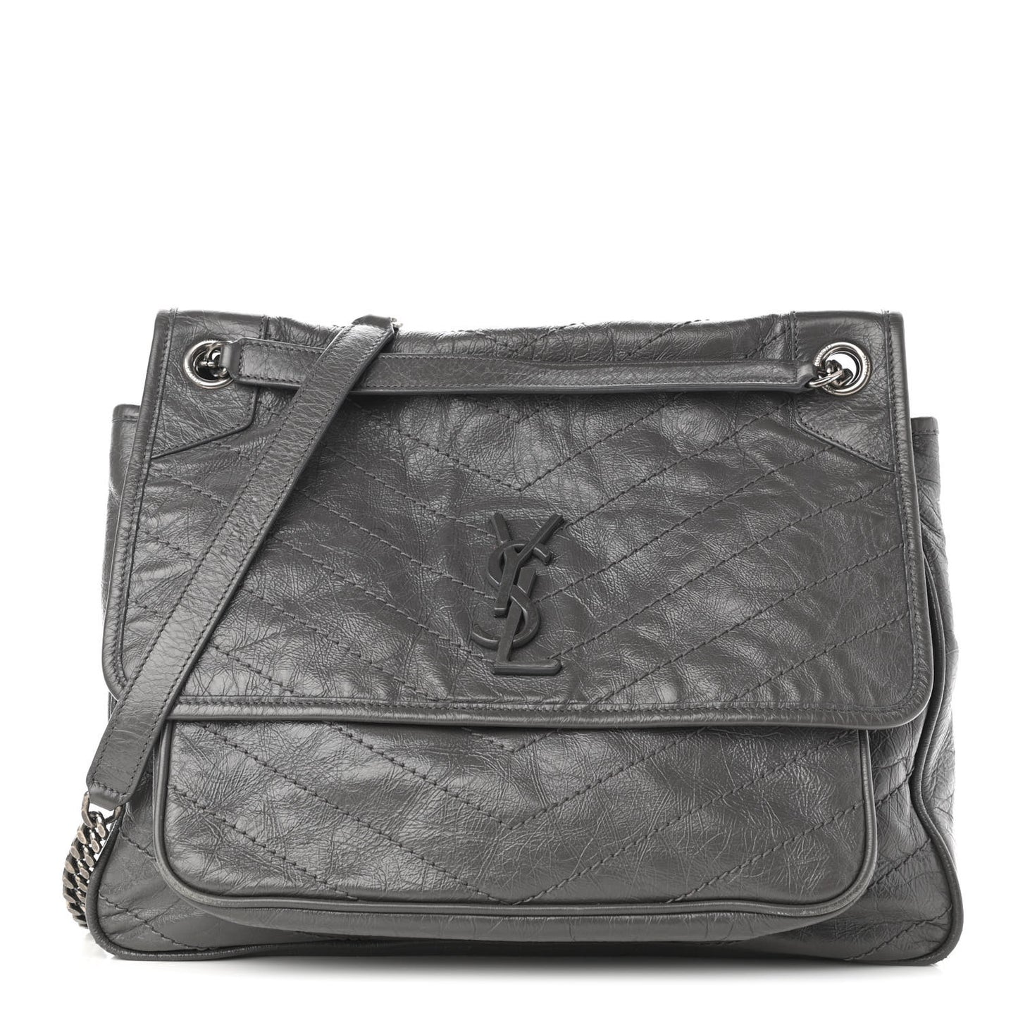 Crinkled Calfskin Matelasse Monogram Large Niki Chain Satchel Storm