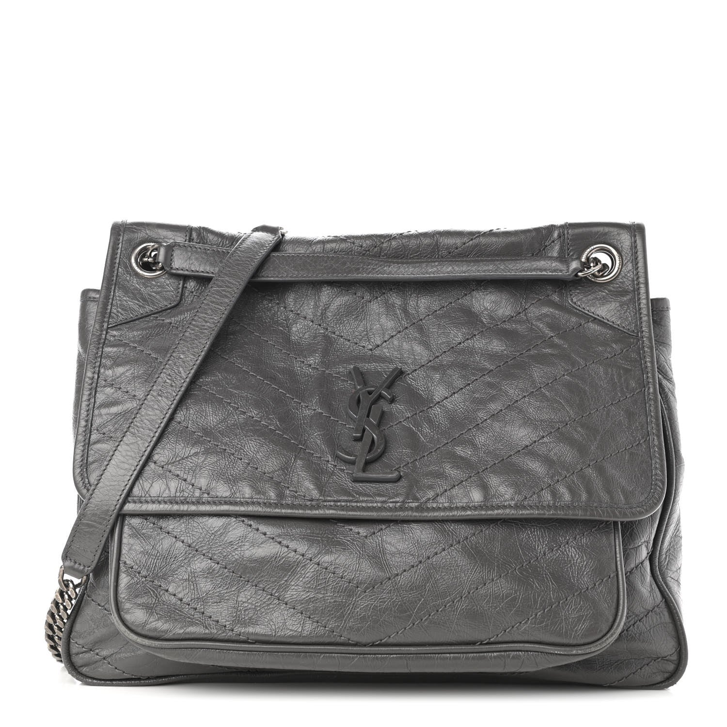 Saint Laurent Crinkled Calfskin Matelasse Monogram Large Niki Chain Satchel Storm 1 of 11