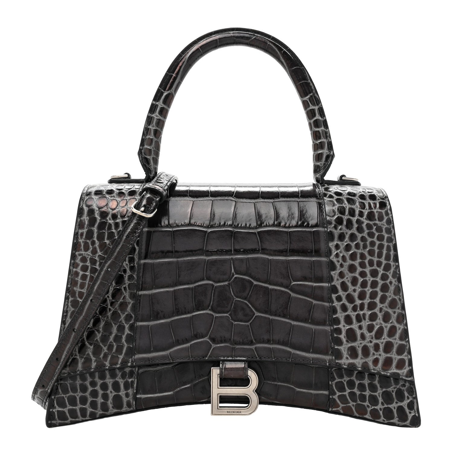 Balenciaga Shiny Calfskin Crocodile Embossed Medium Hourglass Top Handle Bag Dark Grey 1 of 11
