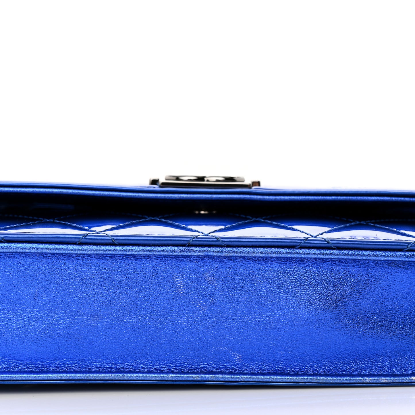 Metallic Patent Calfskin Quilted Boy Wallet on Chain WOC Blue