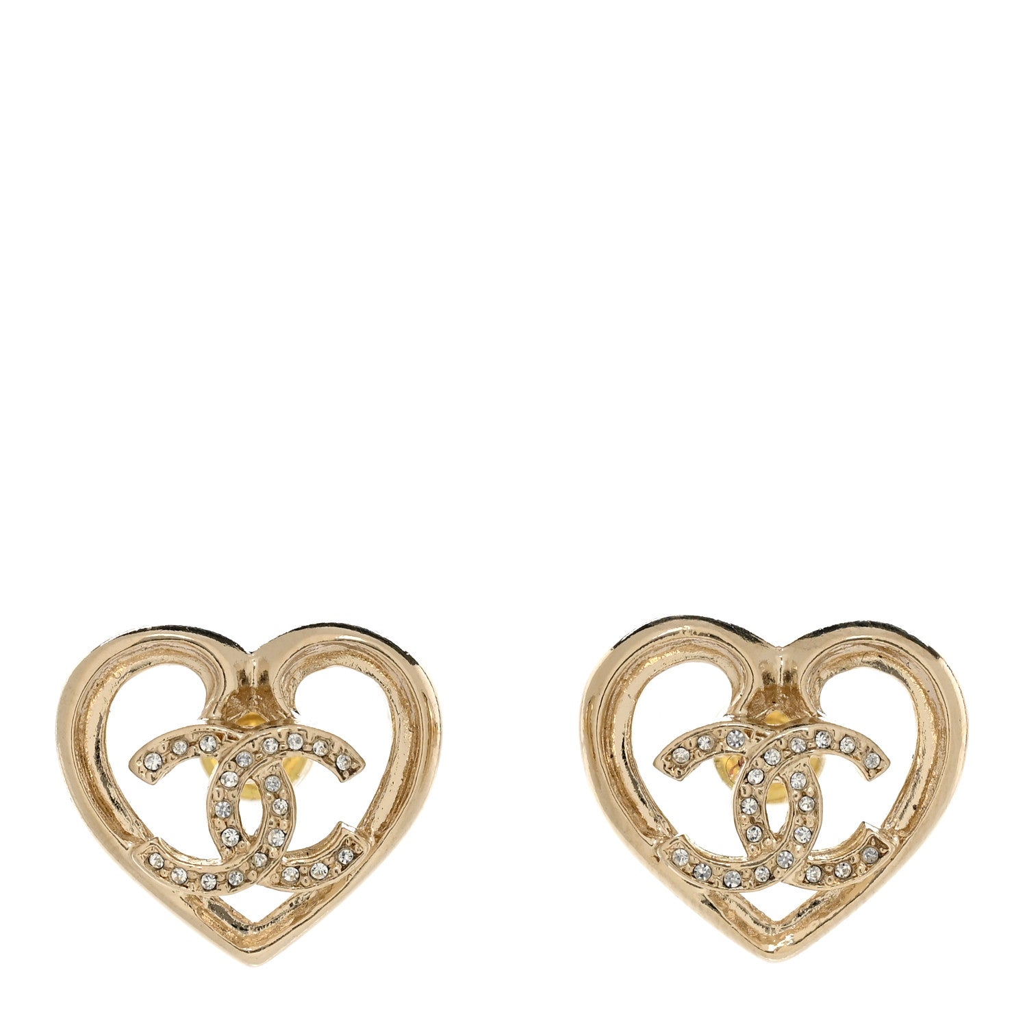 Chanel Metal Crystal CC Logo Heart Earrings Gold 1 of 4