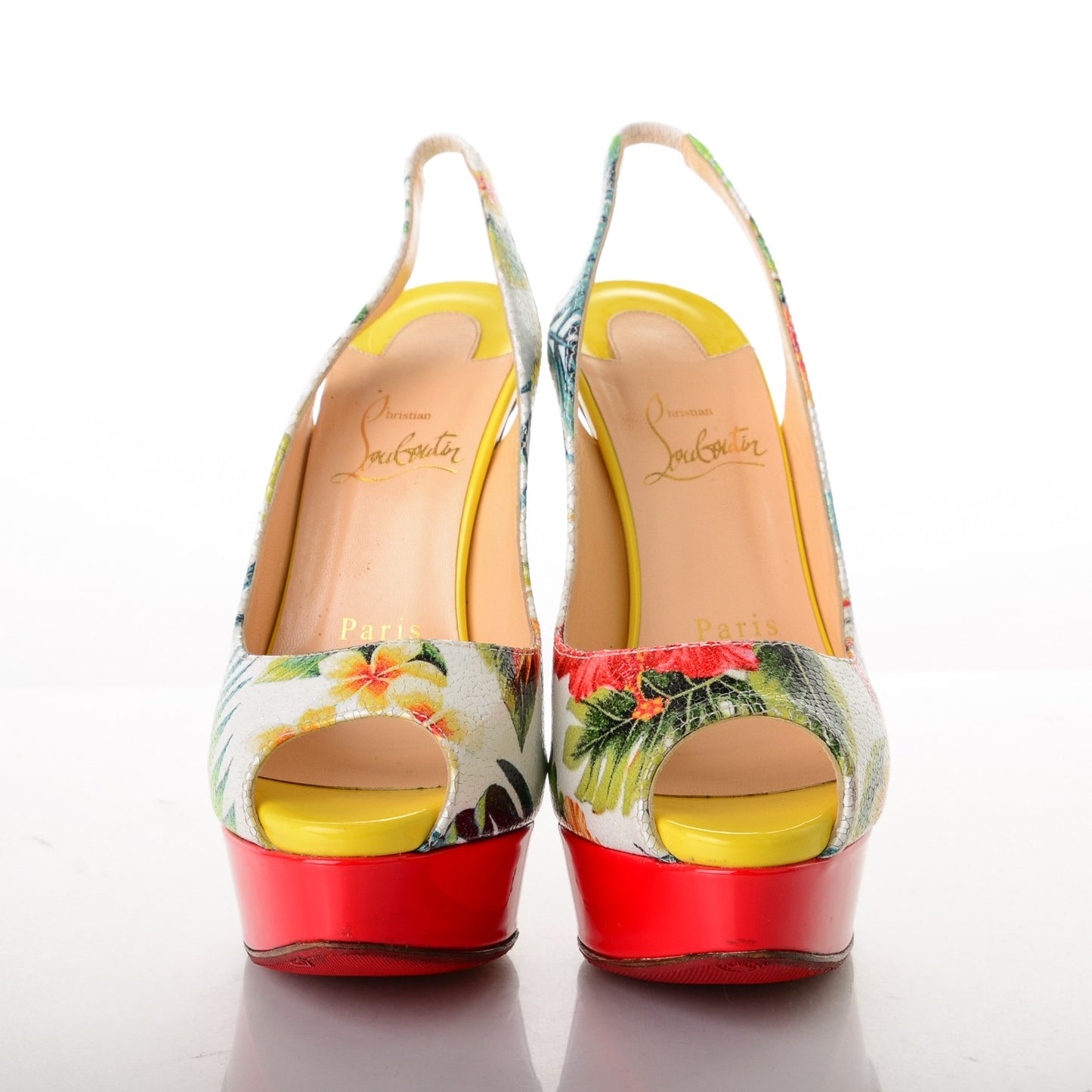 Crackled Calfskin Patent Hawaii Print Lady Peep Sling 150 Pumps 36 Version White