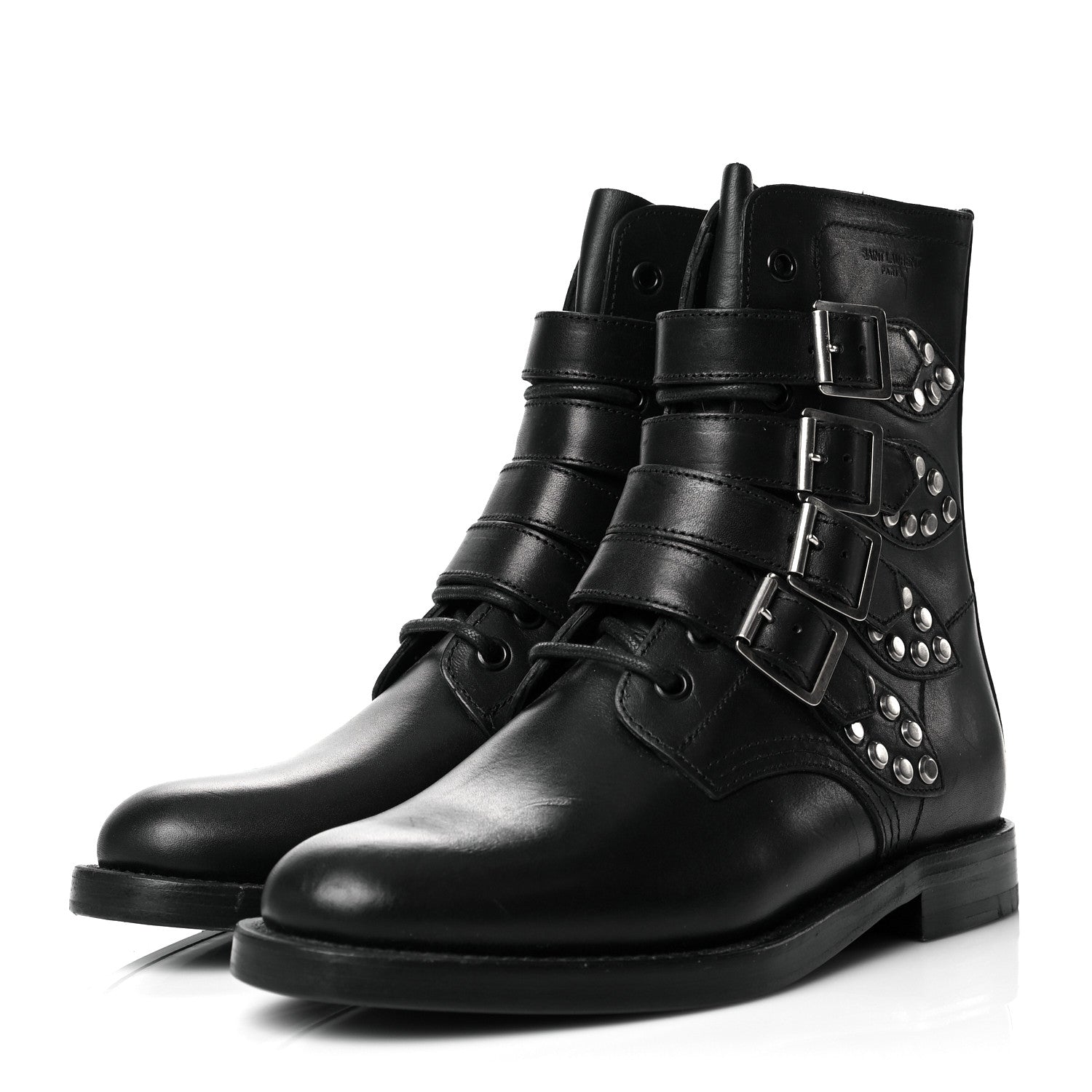 Saint Laurent Smooth Calfskin Studded Strap Rangers Boots 36 Black 3 of 20