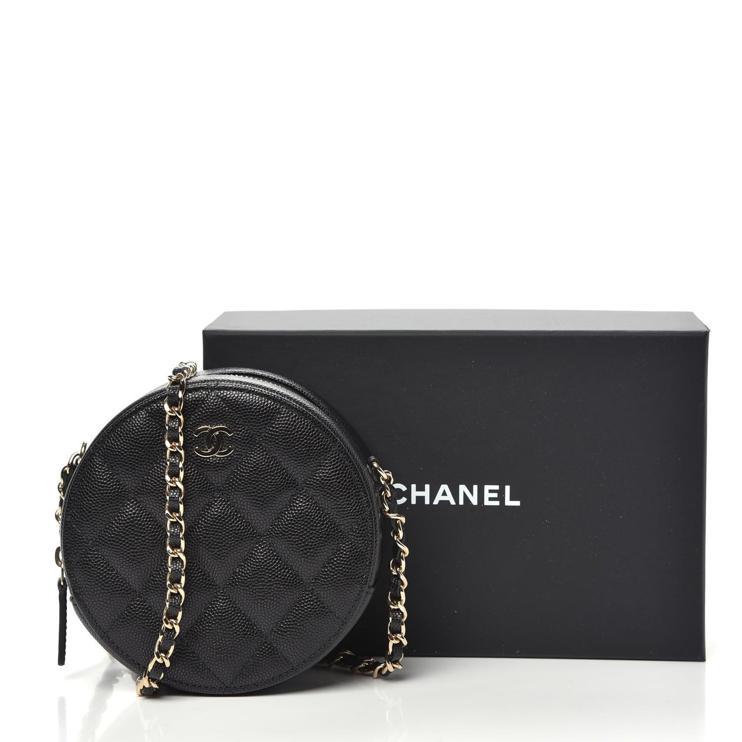 Caviar Quilted Round Clutch With Chain Black