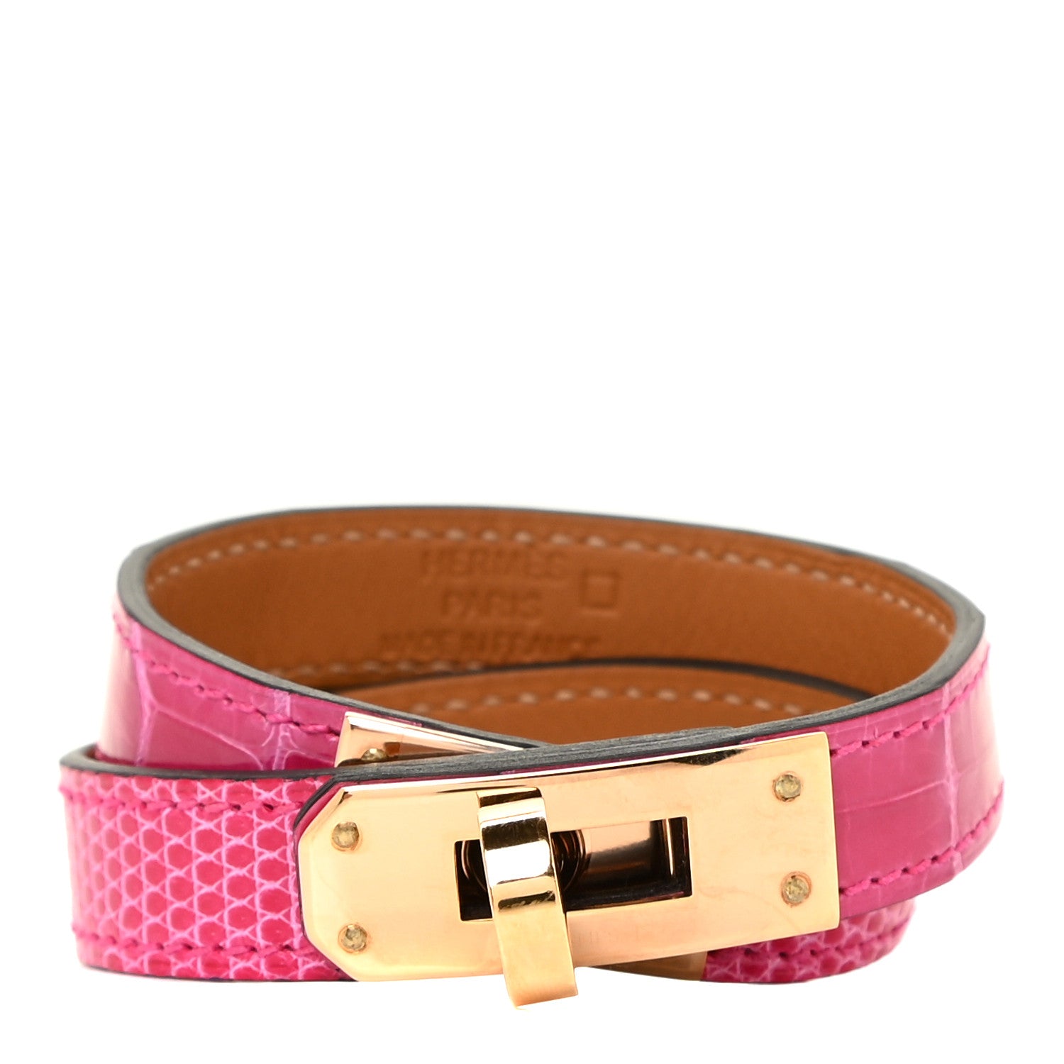 Hermes Shiny Alligator Lizard Kelly Double Tour Bracelet T2 Rose Mexico 1 of 8