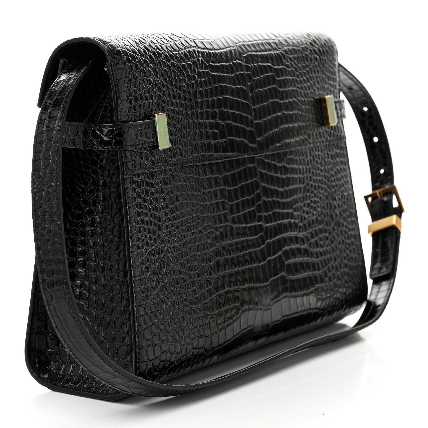 Shiny Calfskin Crocodile Embossed Manhattan Baguette Black