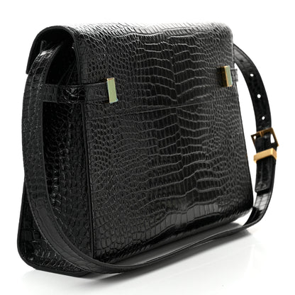 Saint Laurent Shiny Calfskin Crocodile Embossed Manhattan Baguette Black 3 of 10