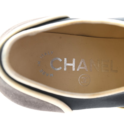 Chanel Silk Crepe Suede Calfskin Lace Up Wedge Espadrilles 35 Navy Grey 7 of 19