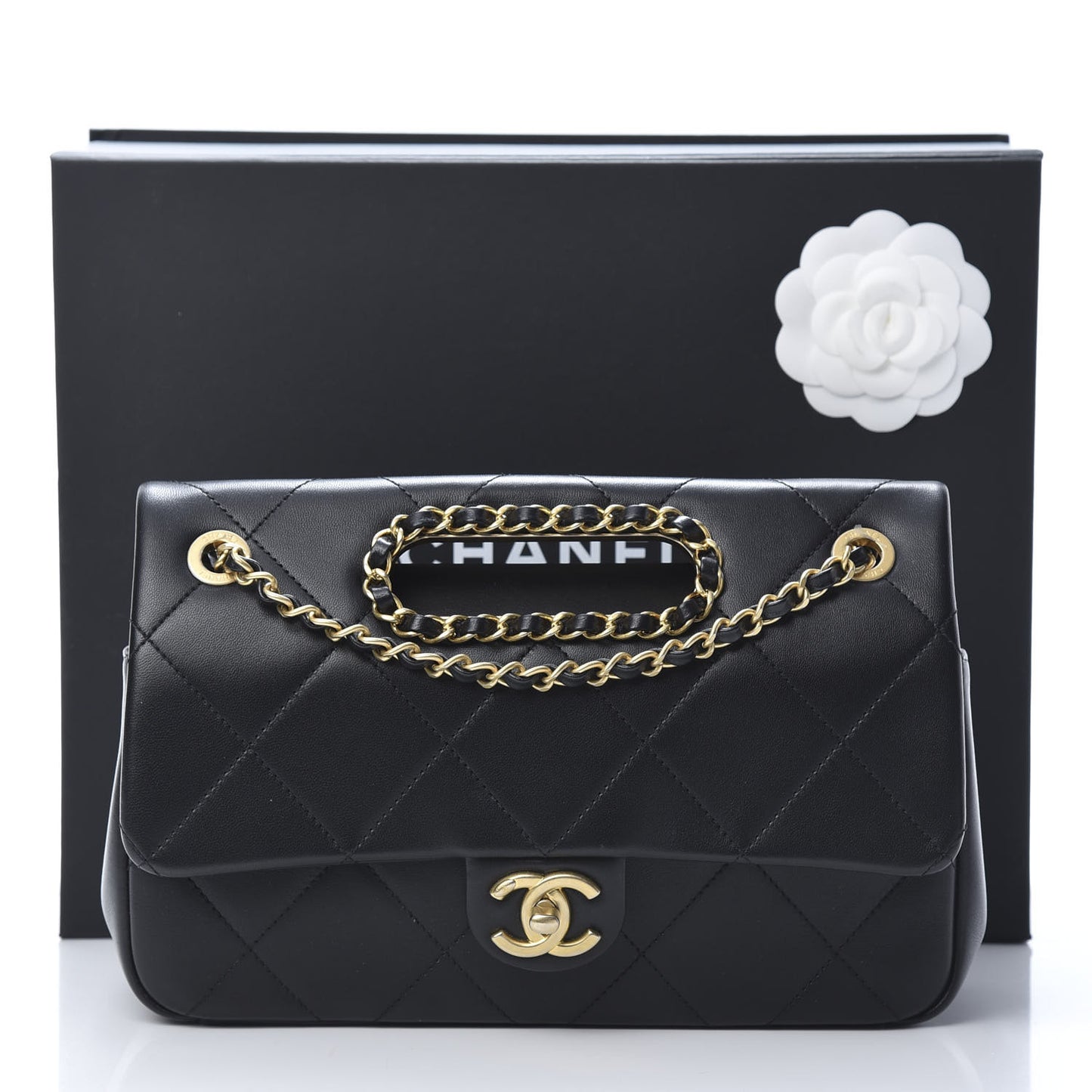 Lambskin Small Chain Handle Flap Bag Black