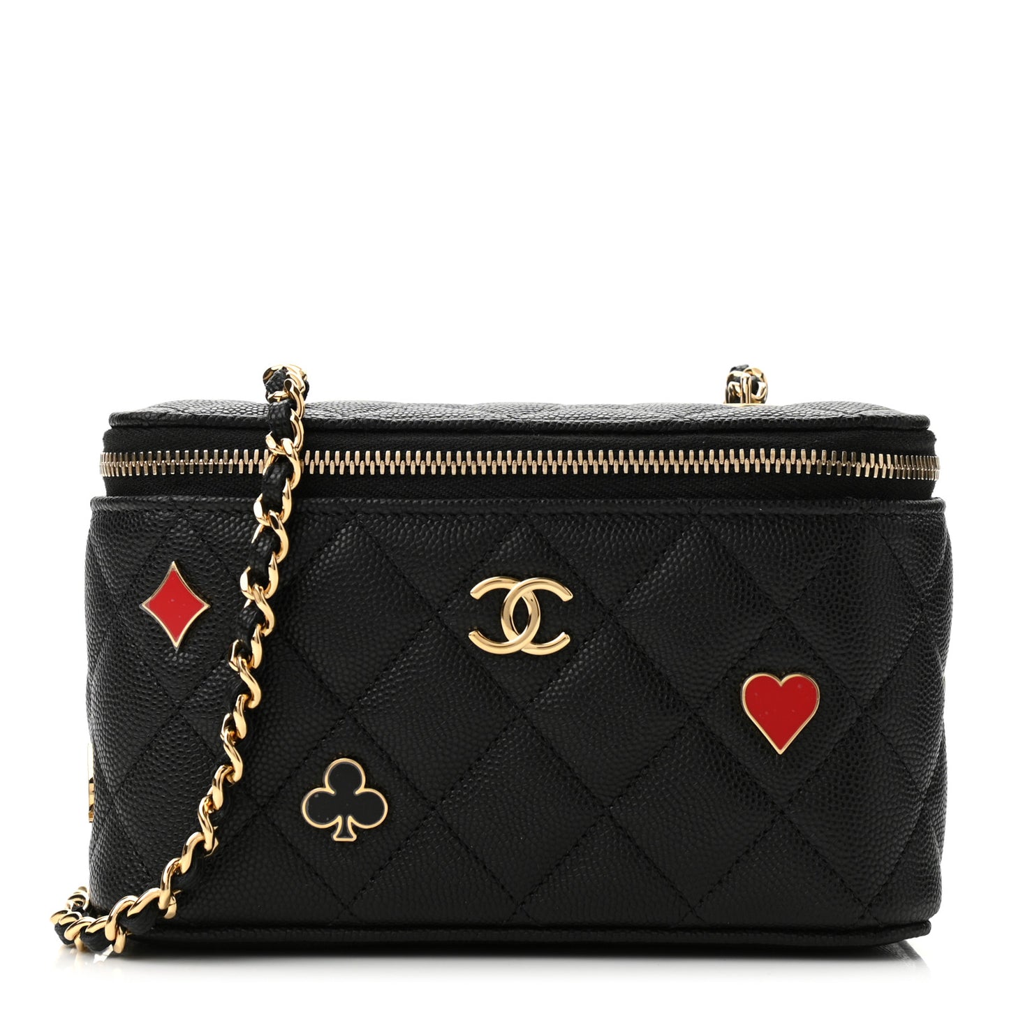 Caviar Quilted Enamel Coco Casino Small Vanity Case With Chain Black