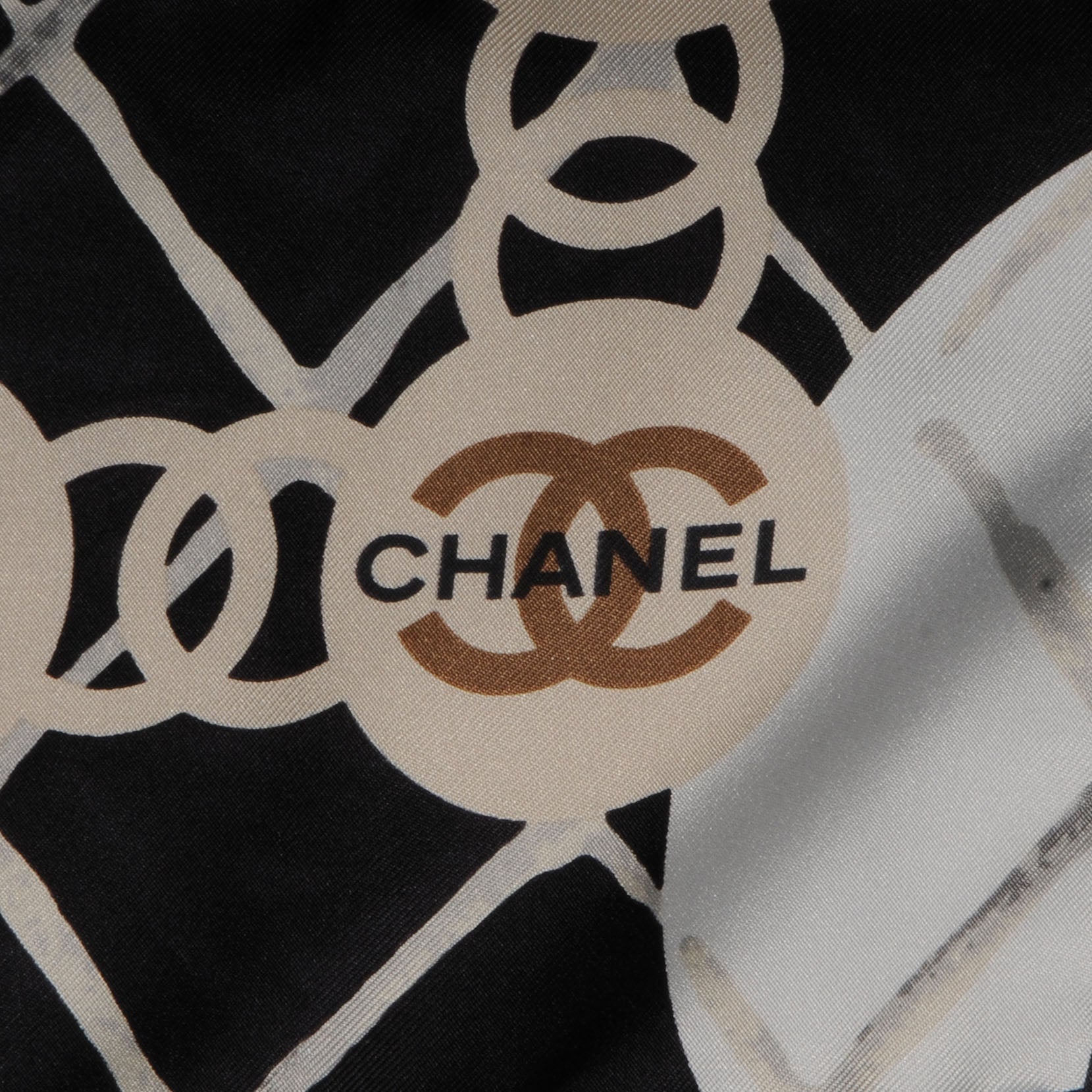 Chanel Silk CC Logo Camellia Scarf White Black 3 of 5