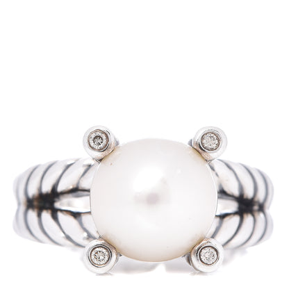 David Yurman Sterling Silver Diamond Pearl 10mm Cable Ring 51 5.75 1 of 5