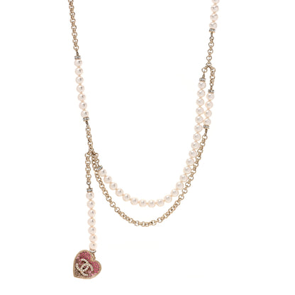 Chanel Pearl Crystal CC Heart Multi Strand Necklace Gold 1 of 5