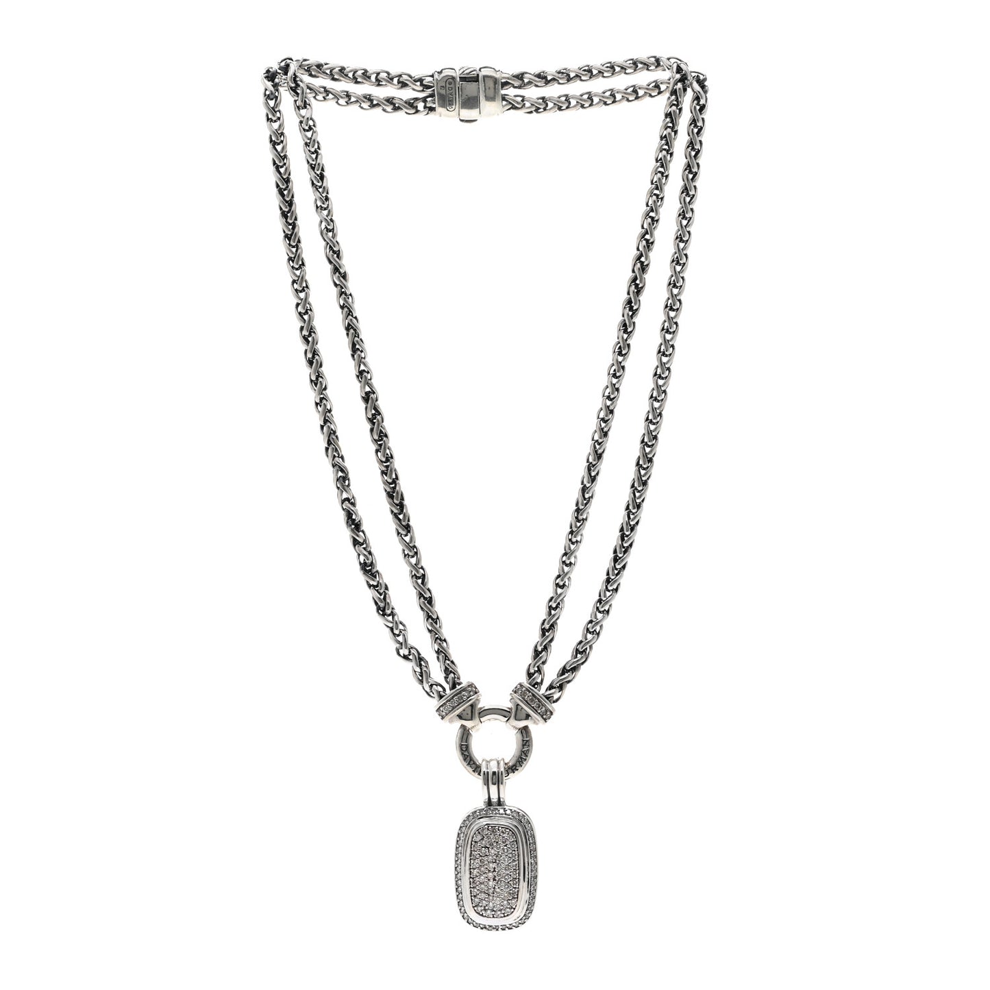 Sterling Silver Diamond 20mm Albion Pave Double Wheat Chain Pendant Necklace