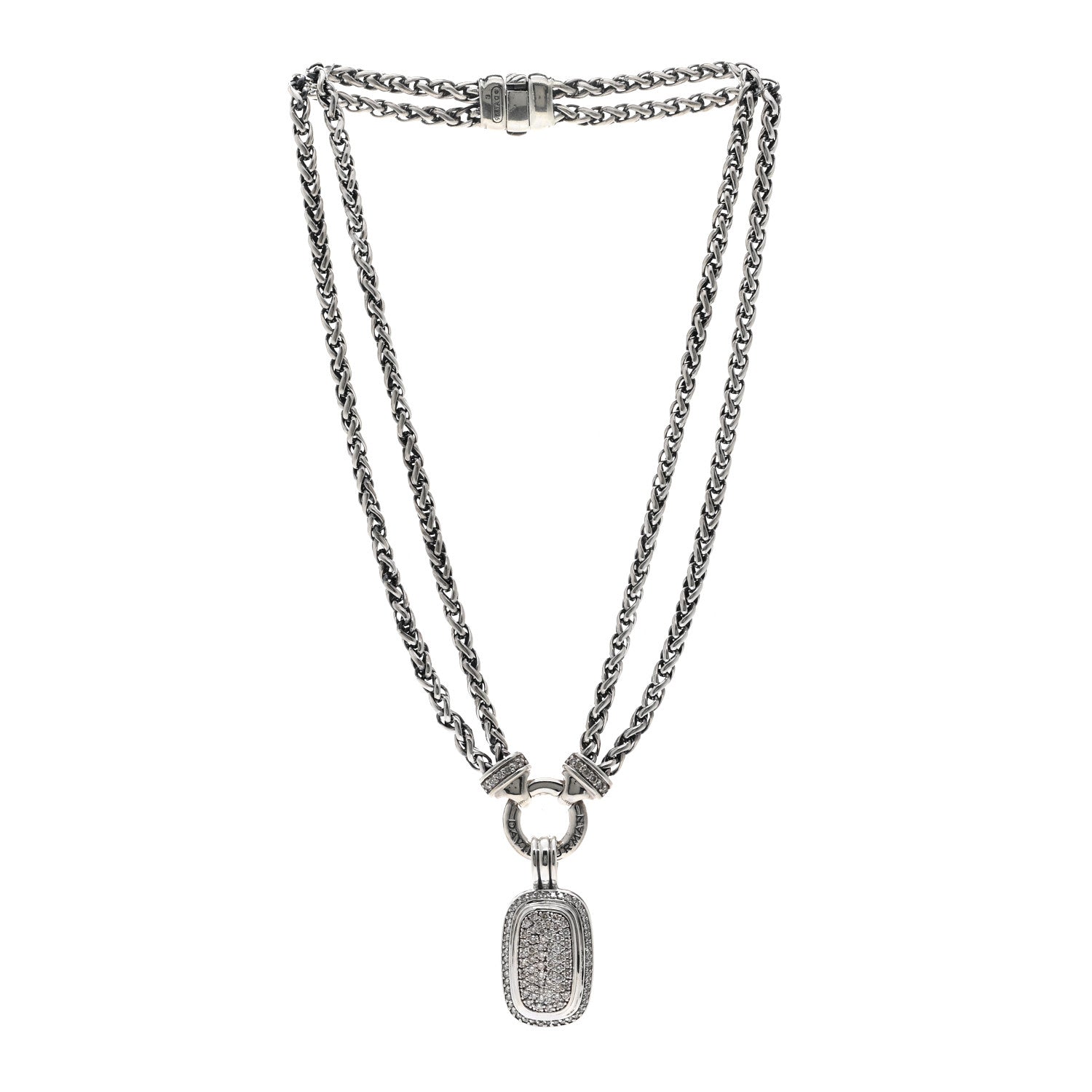 David Yurman Sterling Silver Diamond 20mm Albion Pave Double Wheat Chain Pendant Necklace 3 of 4