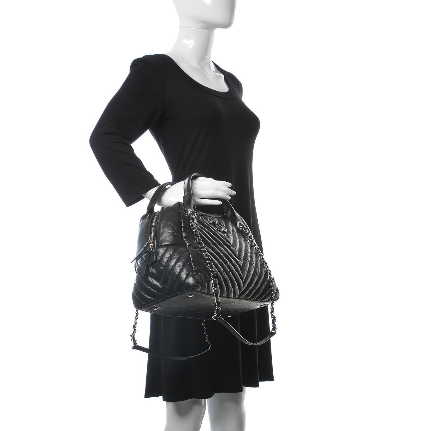 Aged Calfskin Chevron Medium Soft Bowling Bag Black