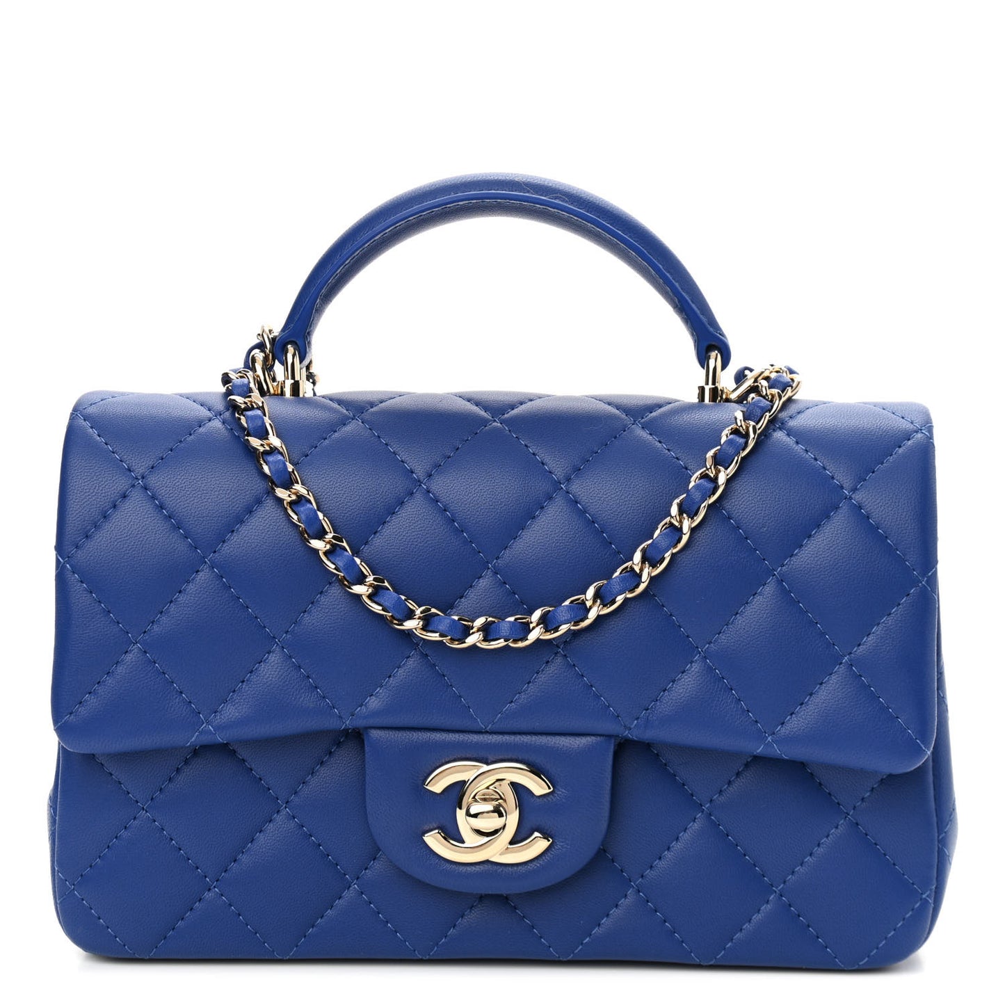 Lambskin Quilted Mini Top Handle Rectangular Flap Dark Blue