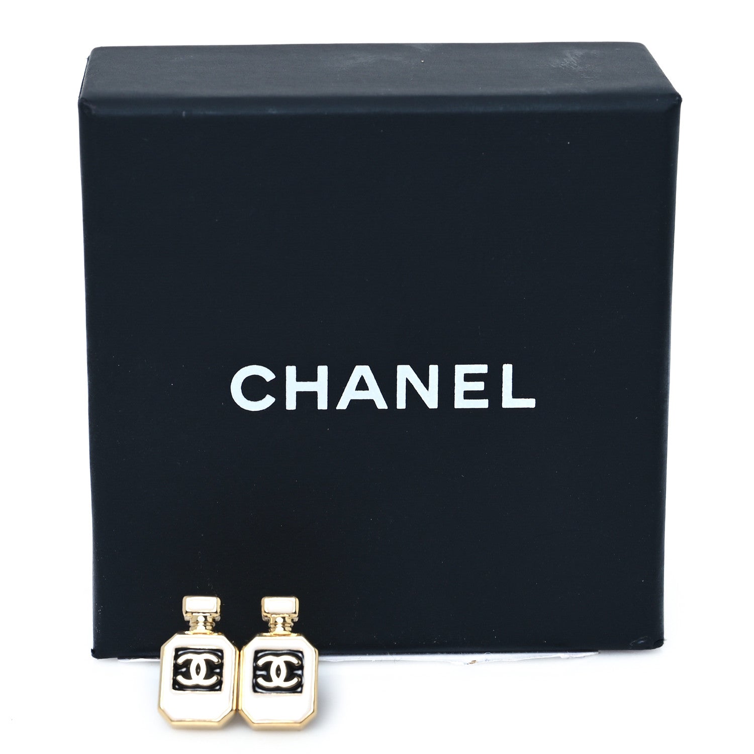 Chanel Resin CC No 5 Perfume Bottle Earrings Gold Pearly White 5 of 5