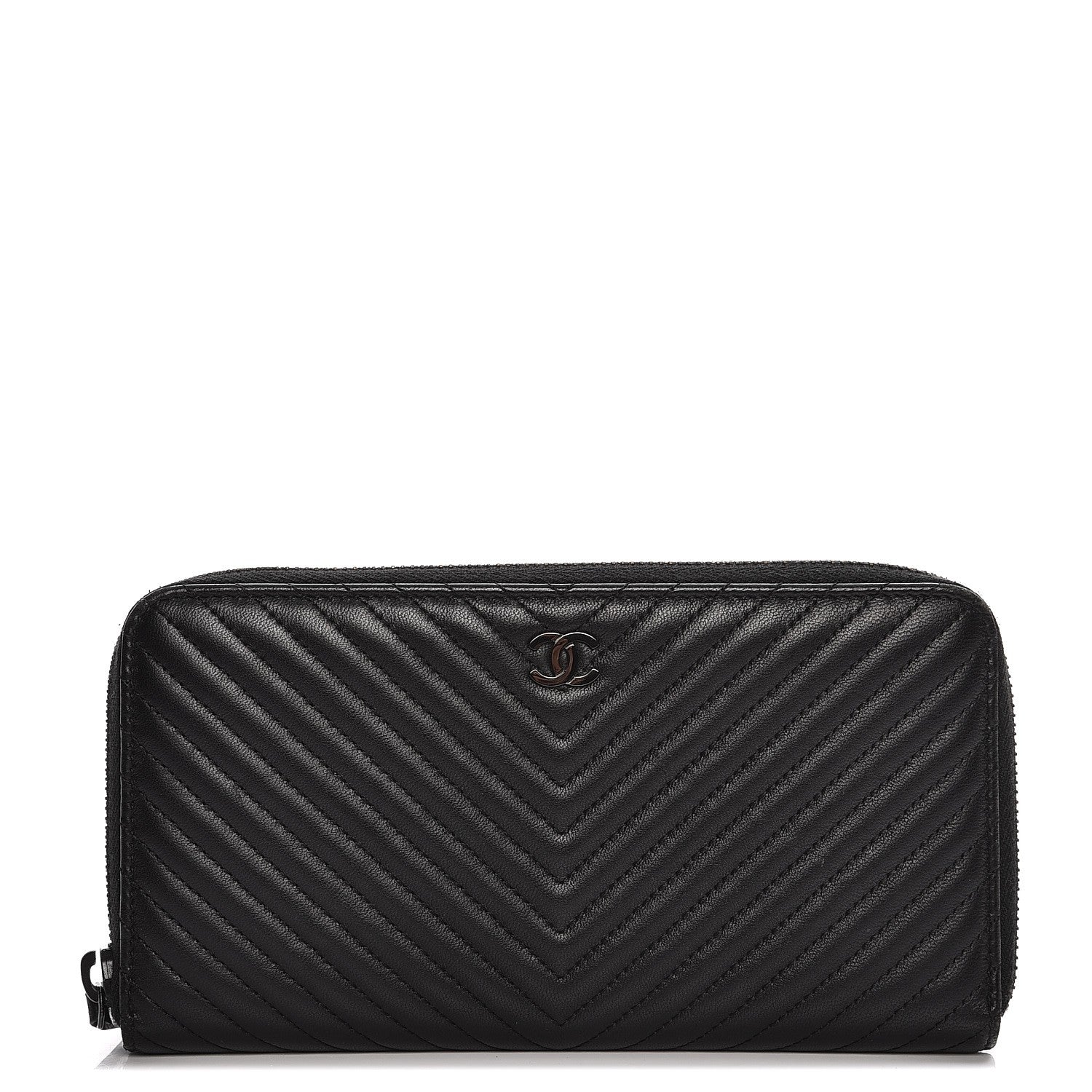 Chanel Lambskin Chevron Quilted Zip Around Wallet So Black 1 of 9