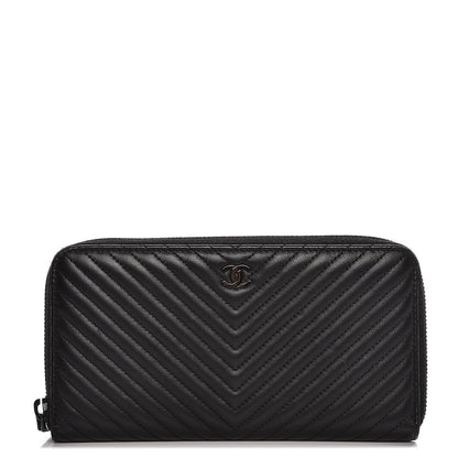 Chanel Lambskin Chevron Quilted Zip Around Wallet So Black 1 of 9