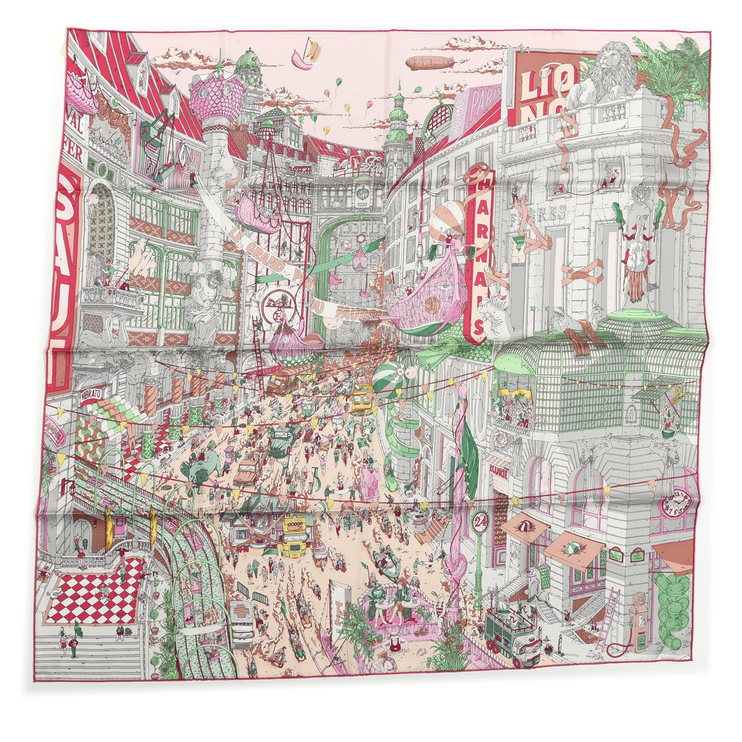 Hermes Silk Le Grand Prix Au Faubourg Scarf 90 Rose Menthol Gris Perle 1 of 6
