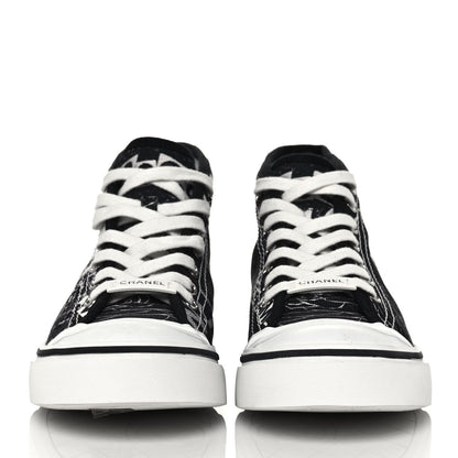 Chanel Printed Fabric High Top Logo Sneakers 39 White Black 2 of 7